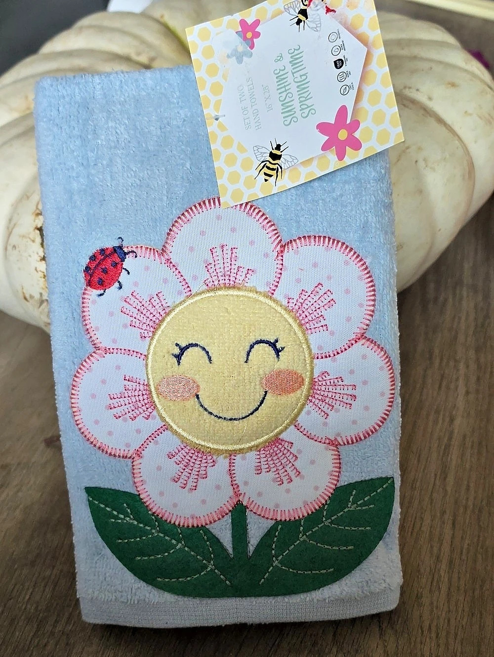 Embroidered Flower Hand Towel Blue & Yellow